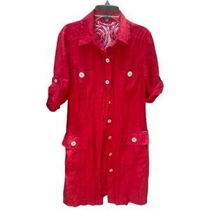 RED LINEN BUTTON UP UTILITY SHIRT DRESS ROLL UP SLEEVES SIZE M US 10 EU40